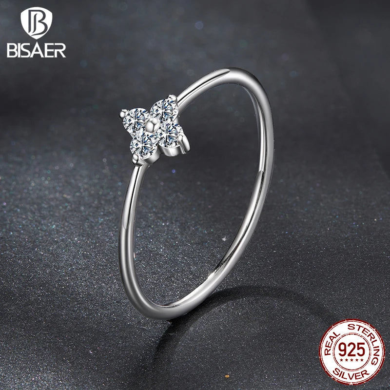 BISAER 925 Sterling Silver Moissanite Lucky Four-Leaf Clover Ring VVS1 EX Delicate Lab Diamond Forever Band Women Fine Jewelry