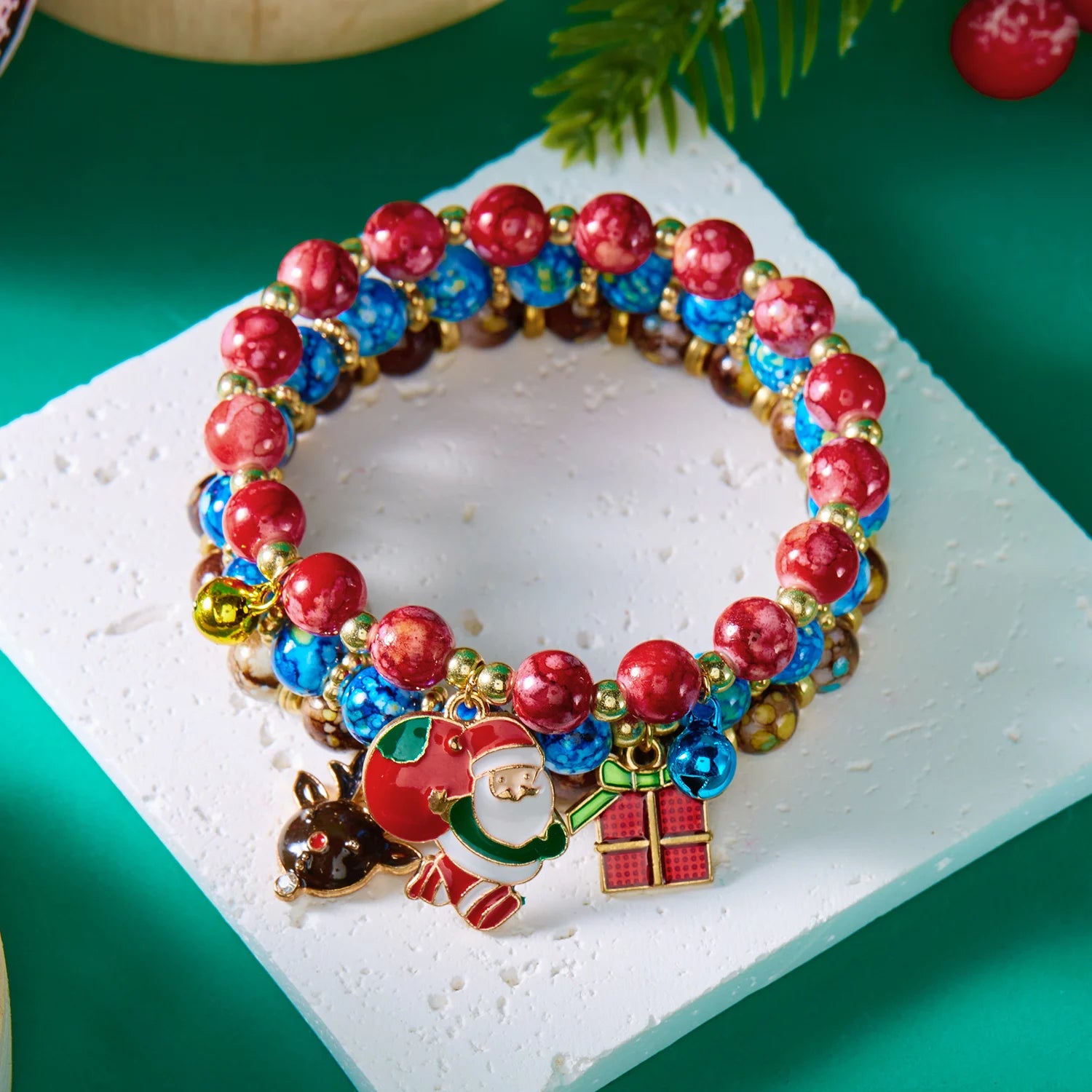 3Pcs Christmas Bracelet Set For Women Colorful Beaded Santa Claus Xmas Tree Snowflake Snowman Pendant Bracelets Festival Gifts