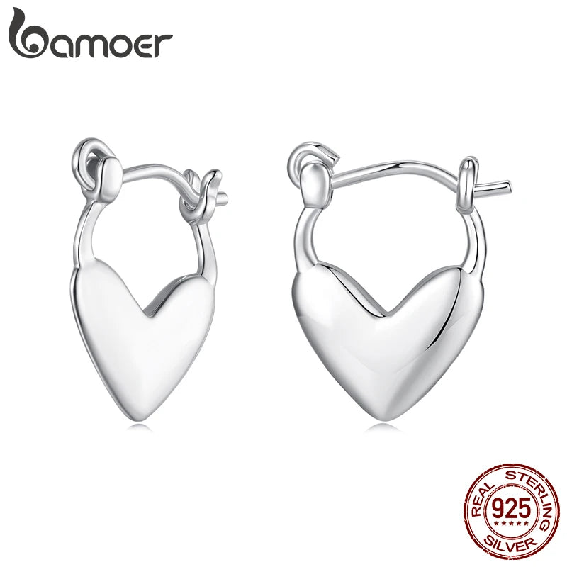 Bamoer 925 Sterling Silber polierte Herzohrringe Liebes-Creolen Ohrclips für Damen und Teenager Punk minimalistischer Feinschmuck