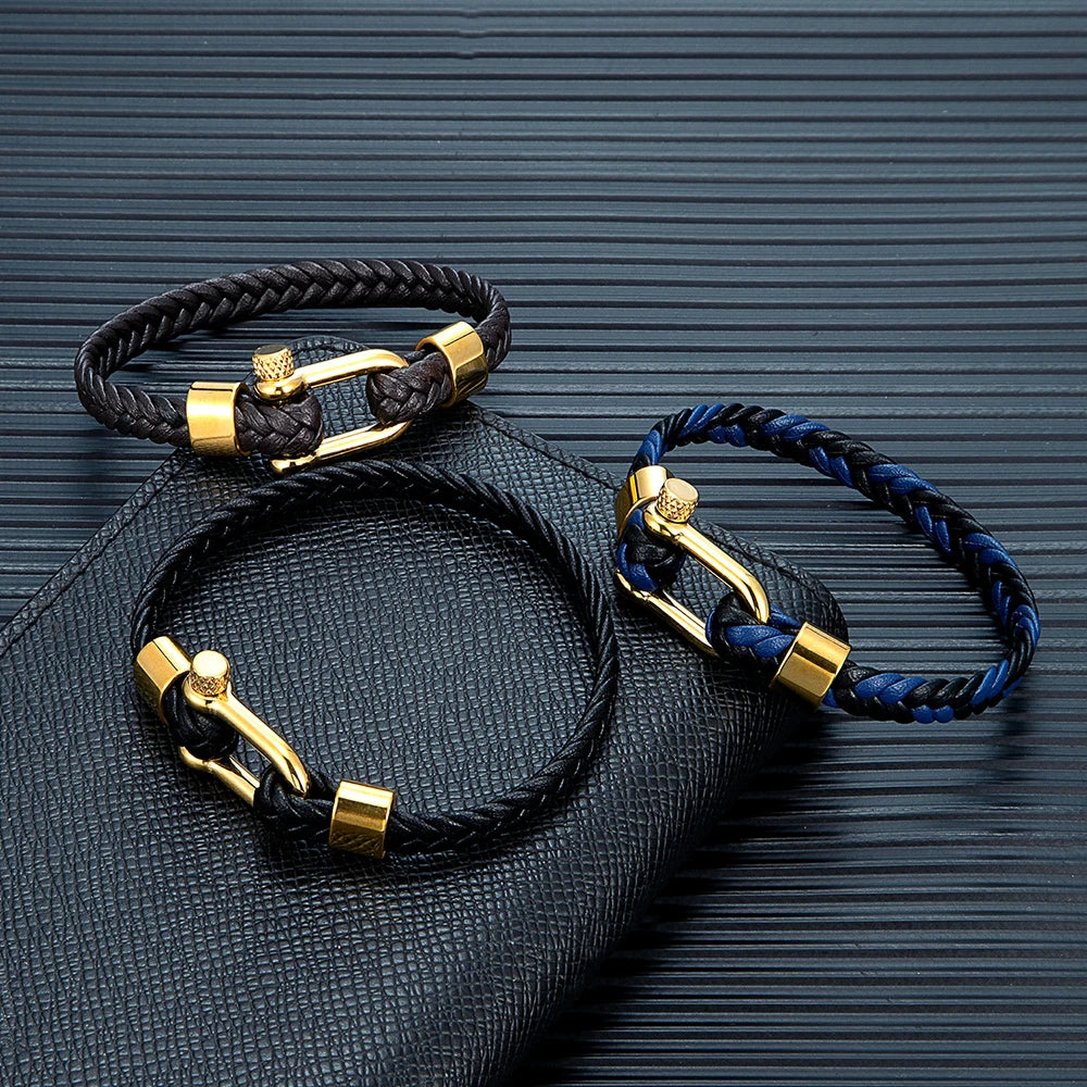 MKENDN Punk Gold Plated Stainless Steel U-shape Shackle Bucklae Bracelets Black Blue Braided Leather Bracelet Homme Pulseras