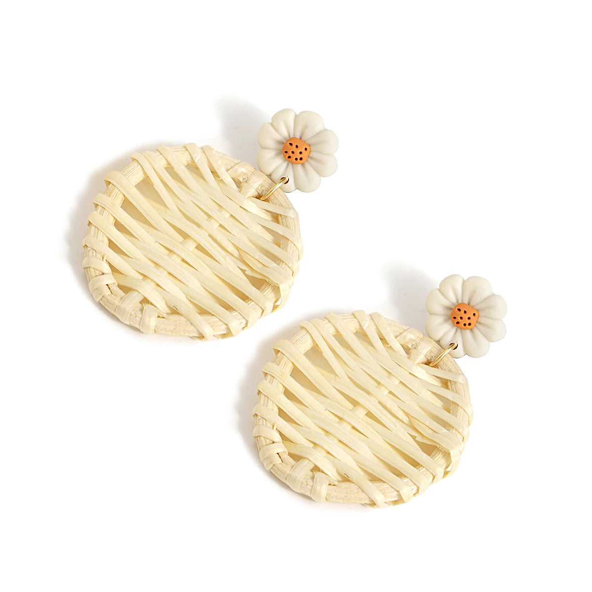 AENSOA Handmade Woven Rattan Knit Raffia Wooden Drop Earrings for Women Bohemian Circular Fan Shaped Statement Earrings Jewelry