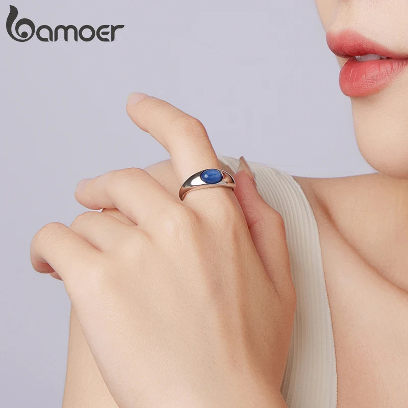 BAMOER 925 Sterling Silver Blue Kyanite Open Ring Chunky Statement Ring for Women Girl Lapis Lazuli Jewelry Minimalist Gift