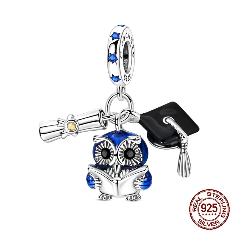 Original 925 Sterling Silver Charms Beads Graduation Season College Entrance Bachelor's Cap Pendant for Bracelet Charm Jewelry
