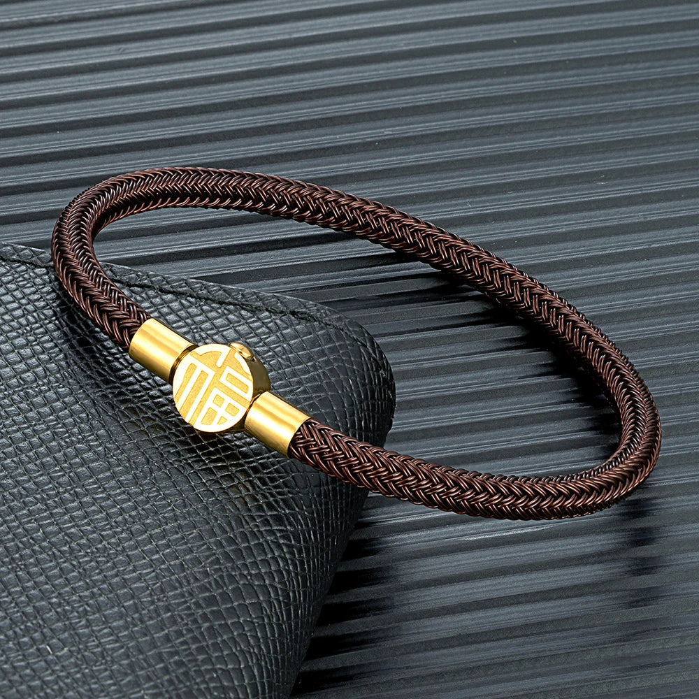 MKENDN Gold Plated Stainless Steel Coffee Braided Non-fading Steel Wire Rope Bracelet for Men Women Handmade DIY Jewelry GIfts
