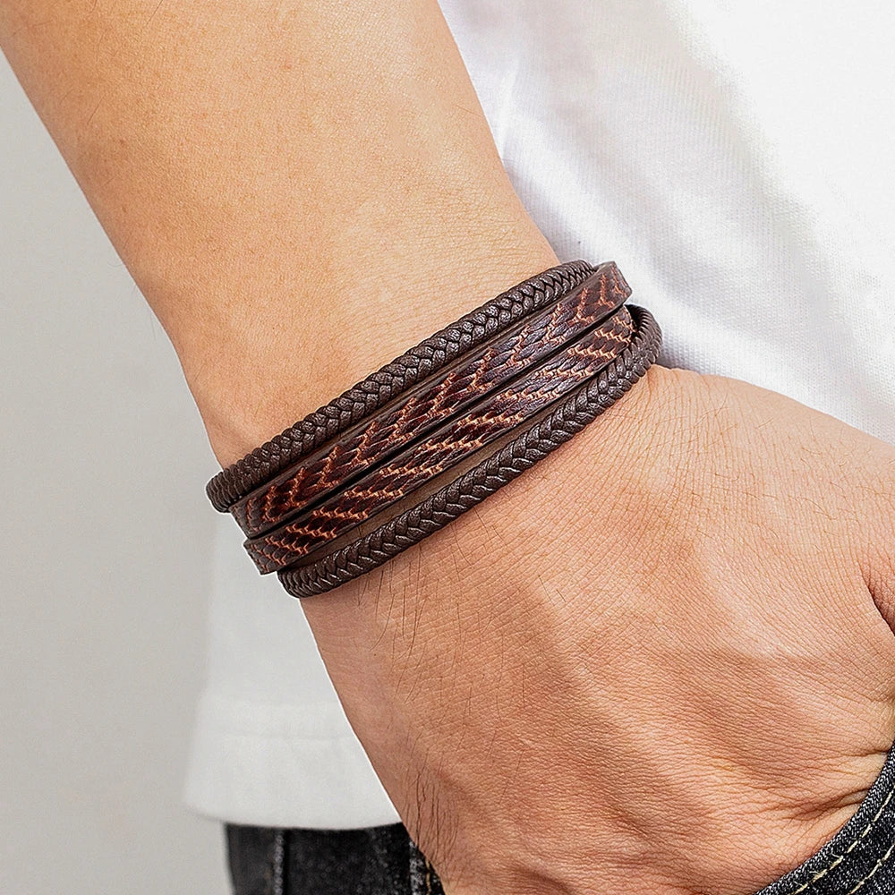 TYO Stylish Feather Pattern Design Multilayer Braid Leather Mens Bracelet Stainless Steel Magnetic Clasp Bangles Jewelry Gift
