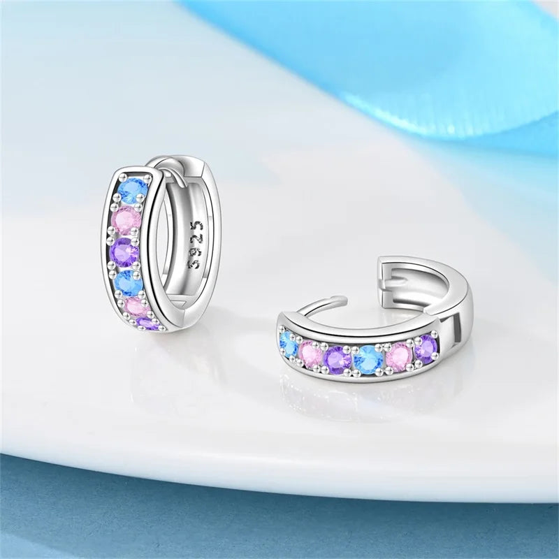 Original Cute 925 Silver Sparkling Colorful Zircon Pink Heart Shape Star Moon Earrings For Women Wedding Engagement Jewelry Gift