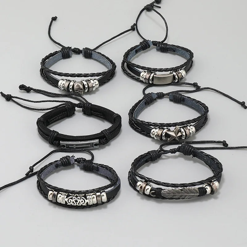 6-piece set Fashion Leather Bracelet Personalized DIY Knitted Leather Bracelet Simple Multi layered Adjustable Cowhide Bracelets