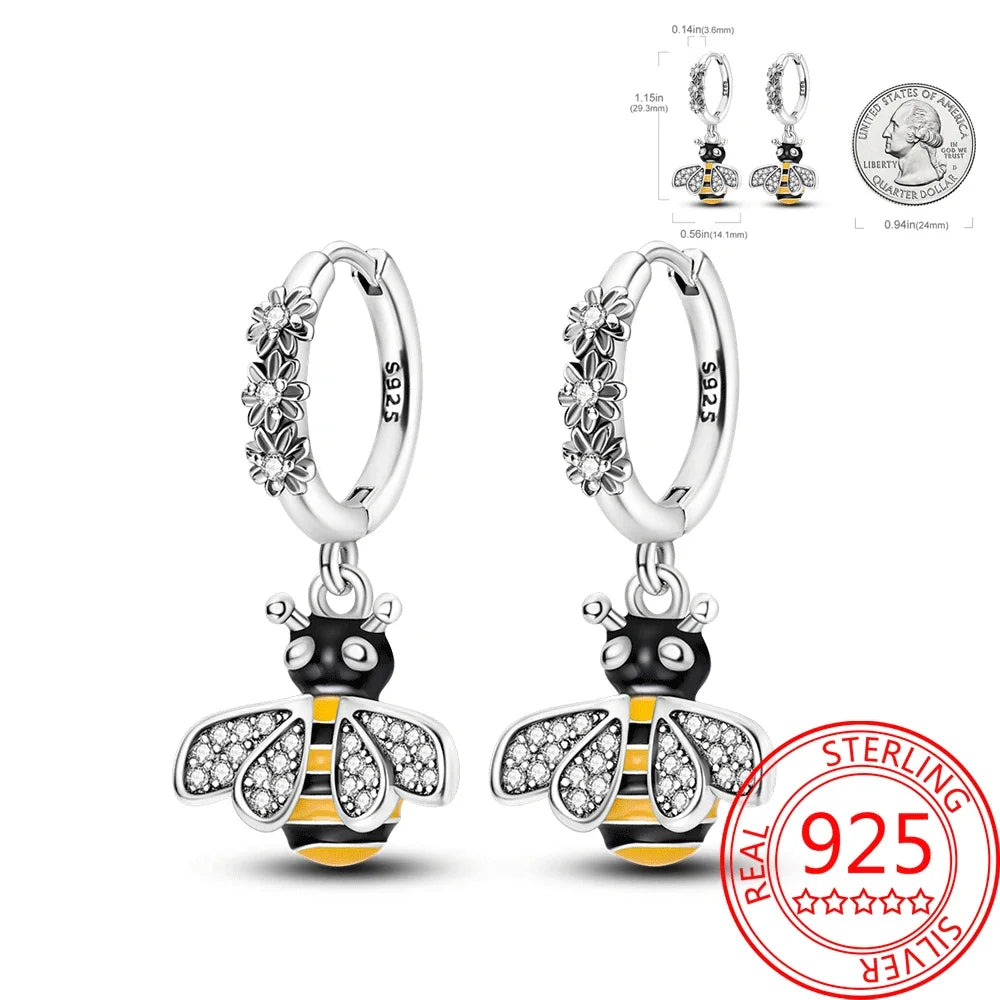 Hot Sale Bee Earrings For Girl Lovely Yellow Black Dancing Bee Happy S925 Hoop Earrings Birthday Gift Silver Jewelry
