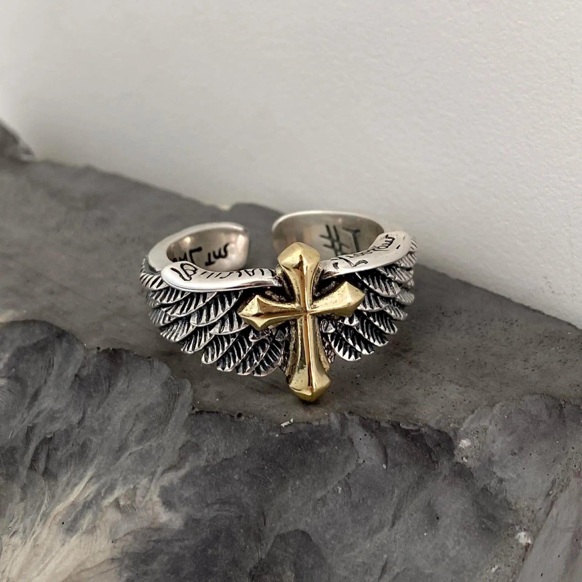 Retro Cross Feather Graffiti Ring For Men Punk Gothic Adjustable Ring Handmade Rock Hiphop Unisex Jewelry Accessories Man Gift - Madeinsea©
