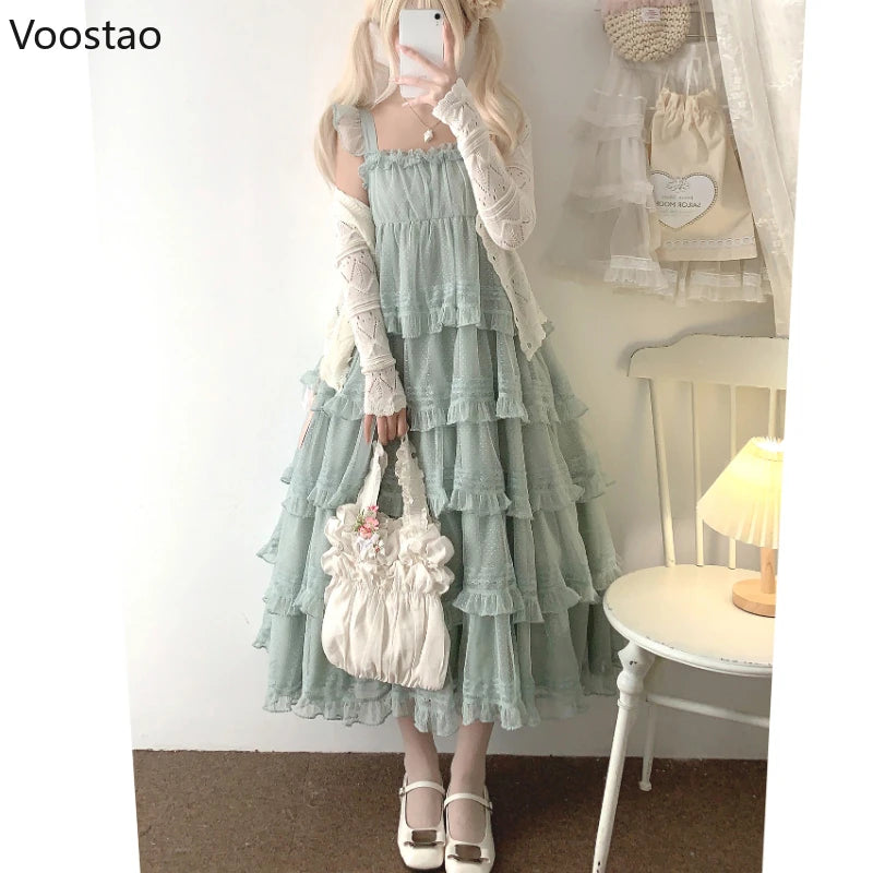 Sweet Elegant Lolita Style Midi Dress Women Kawaii Cute Ruffles Sleeveless Sand Beach Fairy Dresses Female Korean Princess Dress