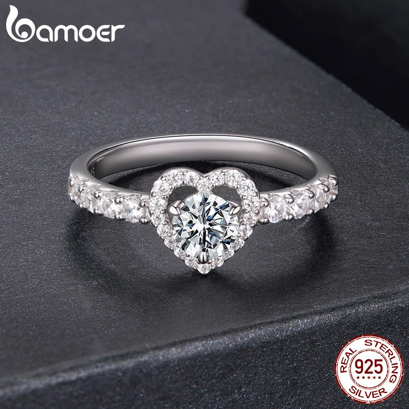 BAMOER 0.5CT Moissanite Hollowed Heart Engagement Band Ring Half Enternity Ring for Women Wedding Jewelry Round Cut D Color VVS1