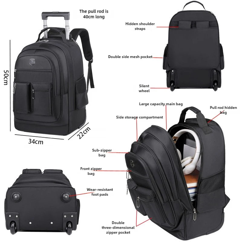 Large Capacity Travel Backpack With Wheels Hidden Pull Rod Waterproof Carry On Luggage Weekend Travel Bag For Men Business Trip - Madeinsea©
