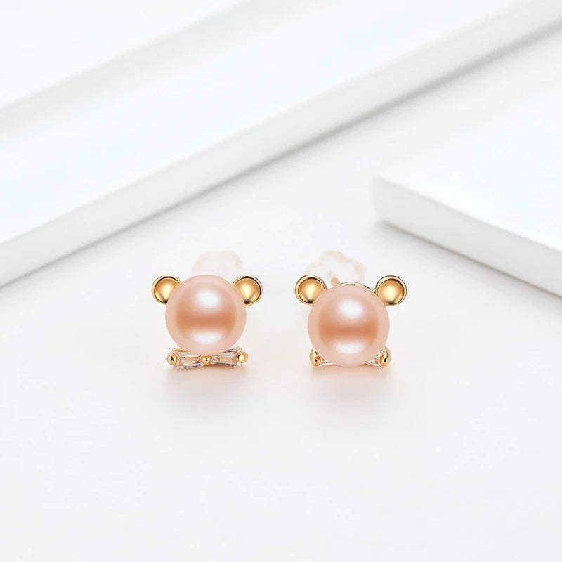OXTAO Cute Children'S Mini Earring 6-6.5Mm Natural Cultivation Freshwater Fashion Comprehensive Pearl Bear Stud Earrings Jewelry