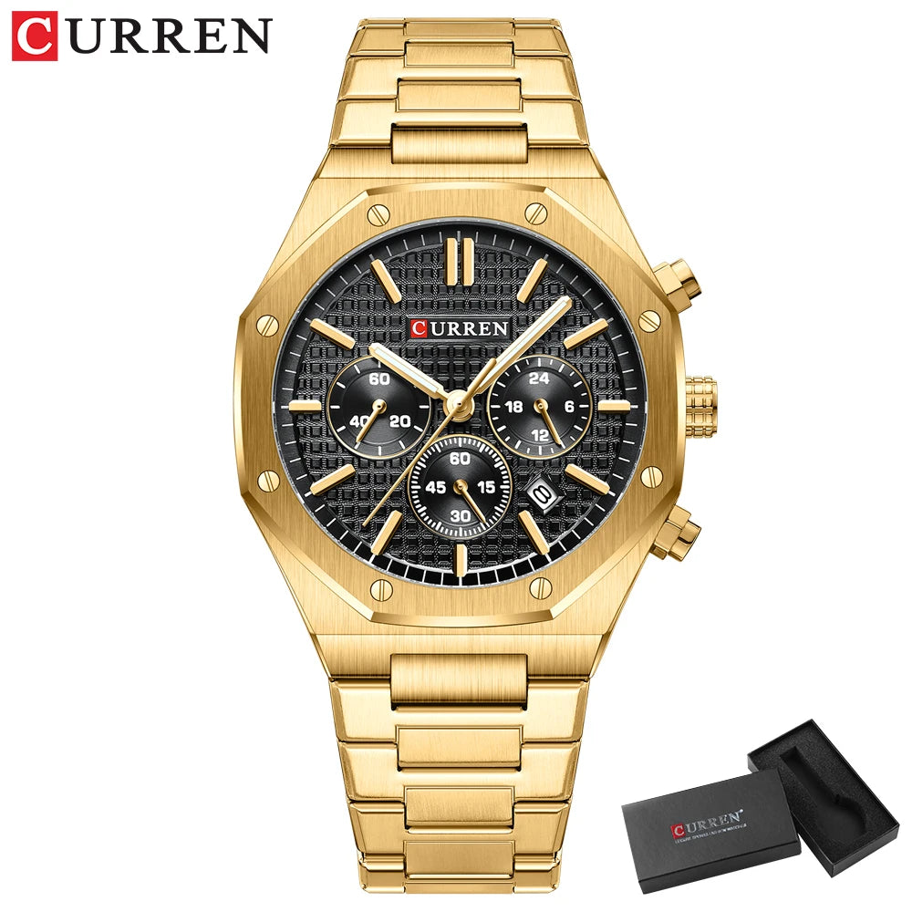 CURREN Fashion Casual Stainless Steel Band Quartz Wristwatches with Chronograph Waterproof Men's Watches