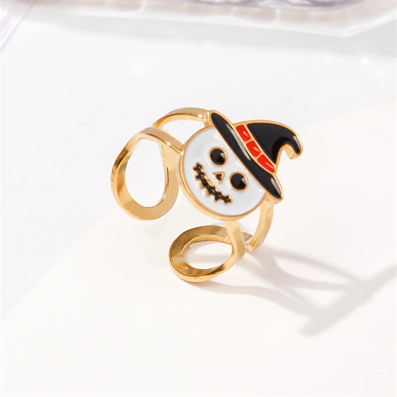 Niche Design Halloween Stainless Steel Ring For Women Cute Cartoon Ghost Pumpkin Skull Bat Adjustable Finger Ring Party Jewelry
