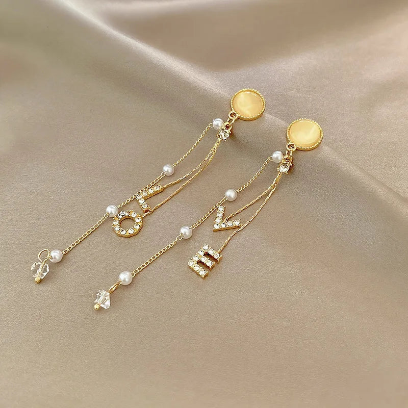 Koreanische Ohrringe mit langen Quasten in Goldoptik für Damen – modische Ohrringe mit Kristall-Schmetterling, Herz und Stern – eleganter Partyschmuck