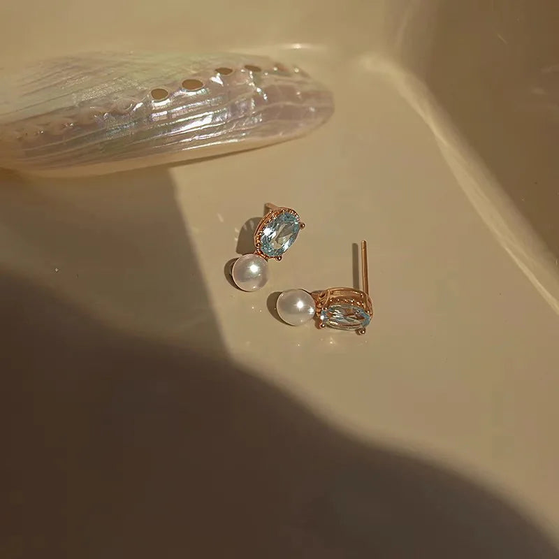 925 Sterling Silver Blue Zircon Pearl Stud Earrings for Women Korean Simple Temperament Jewelry Accessories