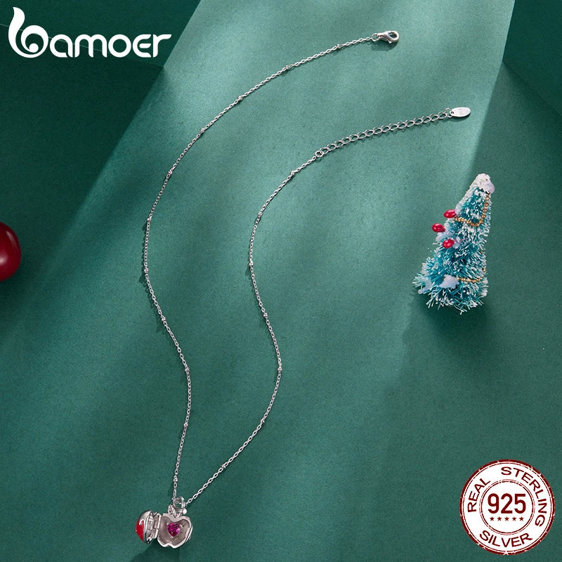 BAMOER 925 Sterling Silver Christmas Apple Pendant Necklace Adjustable Link Chain with Beads for Women Teens Xmas Jewelry Gift