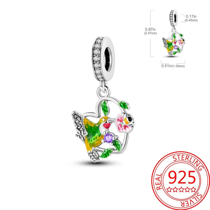 Real S925 Sterling Silver Colorful Hummingbird Flowers Charms Spring Series Beads Fit Original Bracelets DIY Jewelry for Women