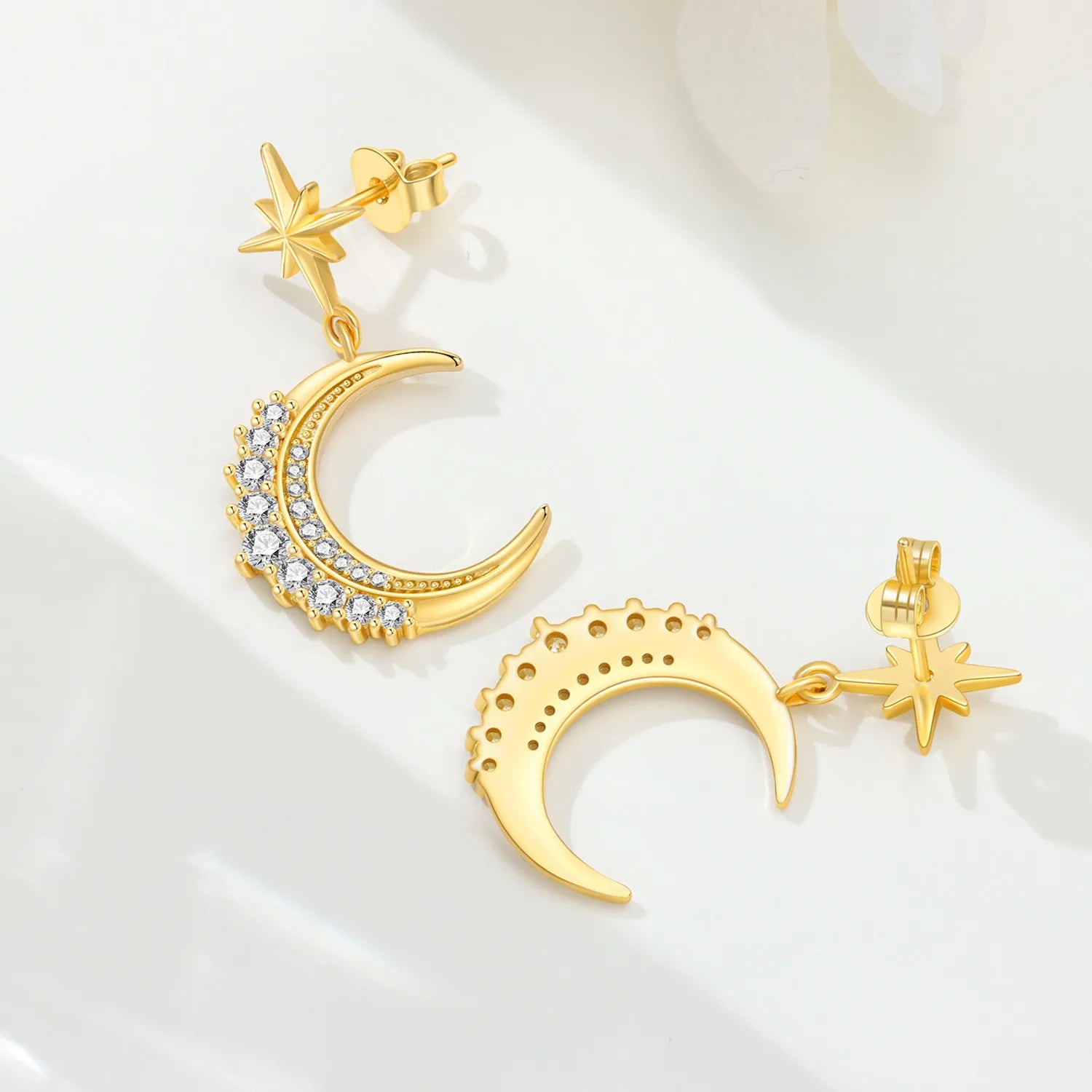 PANPOKI S925 Sterling Silver 18K Gold Sparkling Starry Moon Stud Earrings For Lady Jewelry Anniversary Trendy Original Gifts