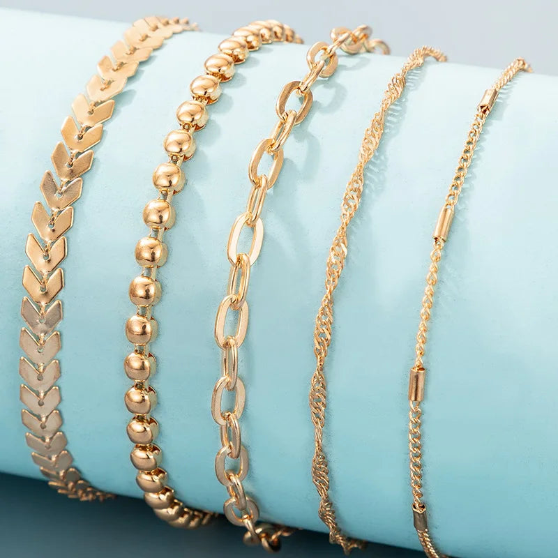 Boho Gold Color Link Chain Bracelet Set For Women Geometric Round Circle Tassel Charm Open Bangle Female Jewelry