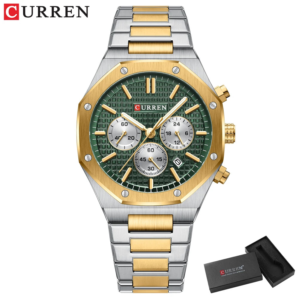 CURREN Fashion Casual Stainless Steel Band Quartz Wristwatches with Chronograph Waterproof Men's Watches