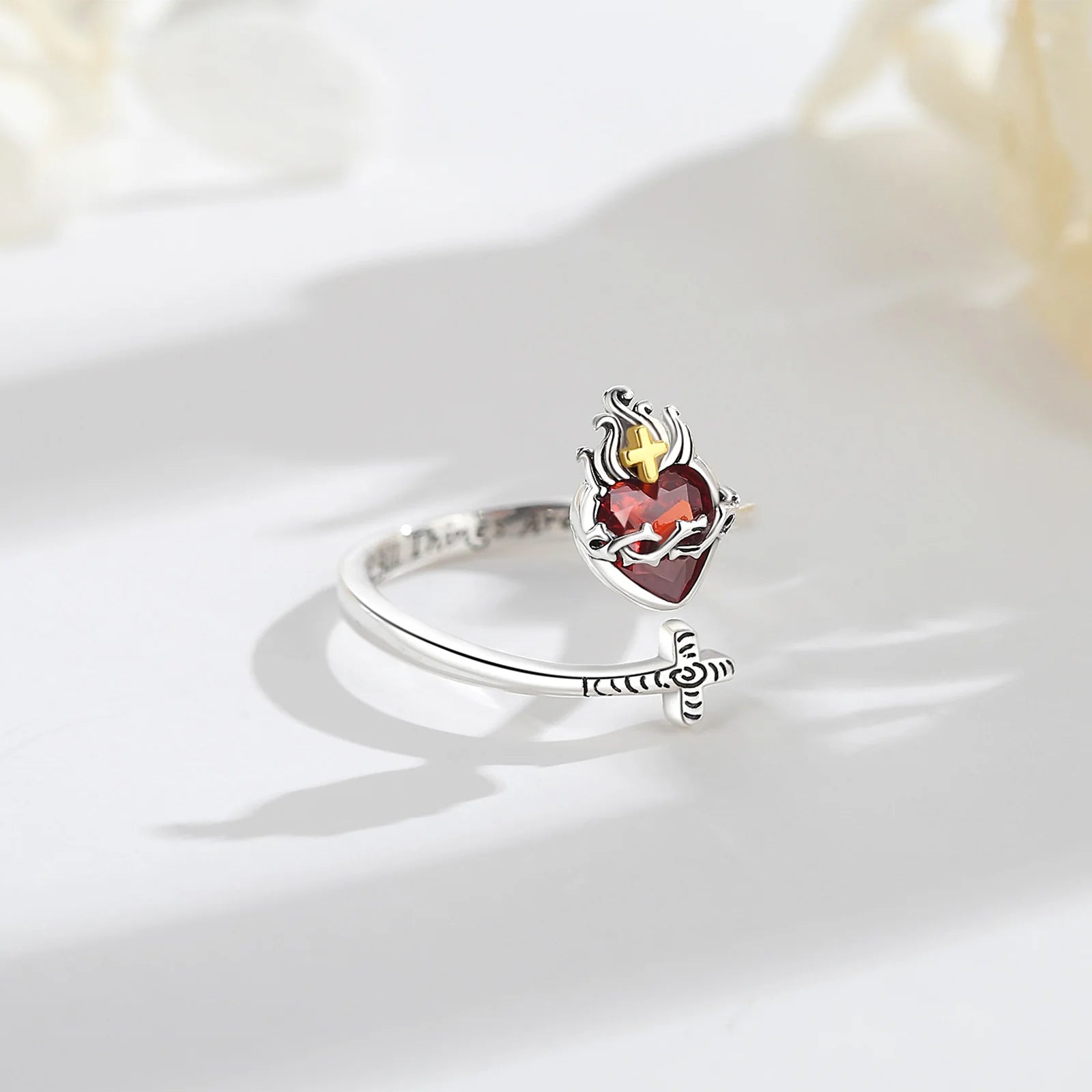 Eudora 925 Sterling Silver Sacred Heart of Jesus Adjustable Ring Cross Ring God's Love Amulet Jewelry Christian Gift for Women