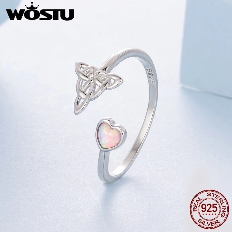 WOSTU 925 Sterling Silver Celtic Knot Open Ring With Pink Fire Opal Gemstone, Women Opal Heart Ring S925 Unique Valentine Gift