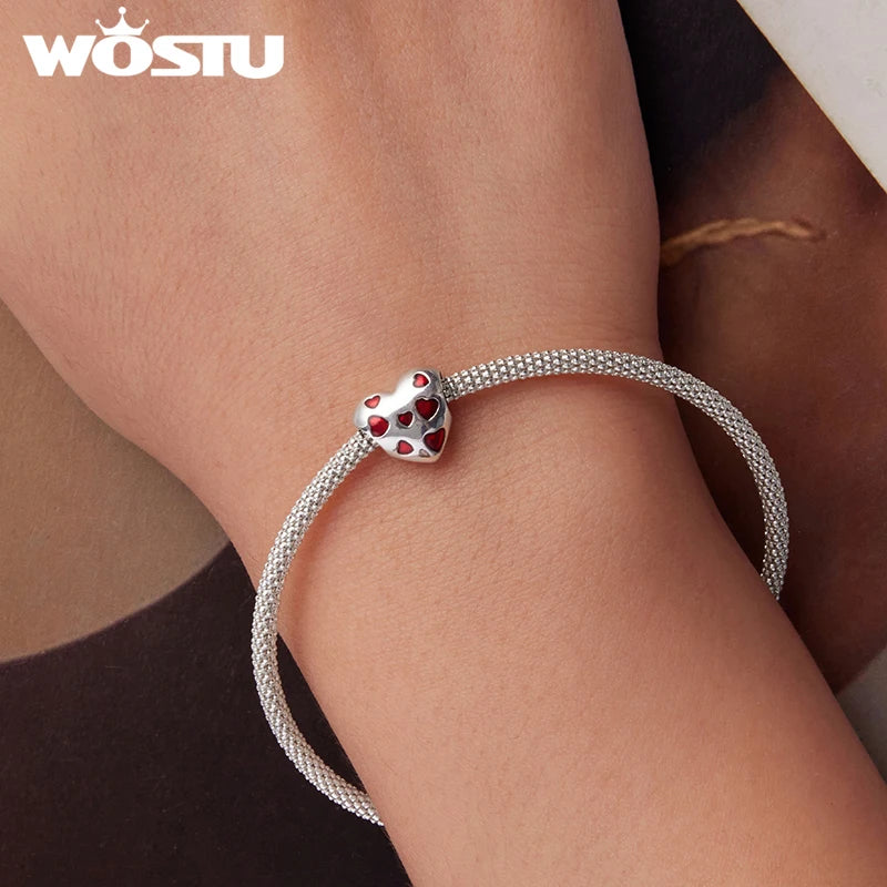 WOSTU Solid 925 Sterling Silver Enamel Red Heart Charms Clips Beads Fit Original Bracelet DIY Gift For Lover Daughter Mom