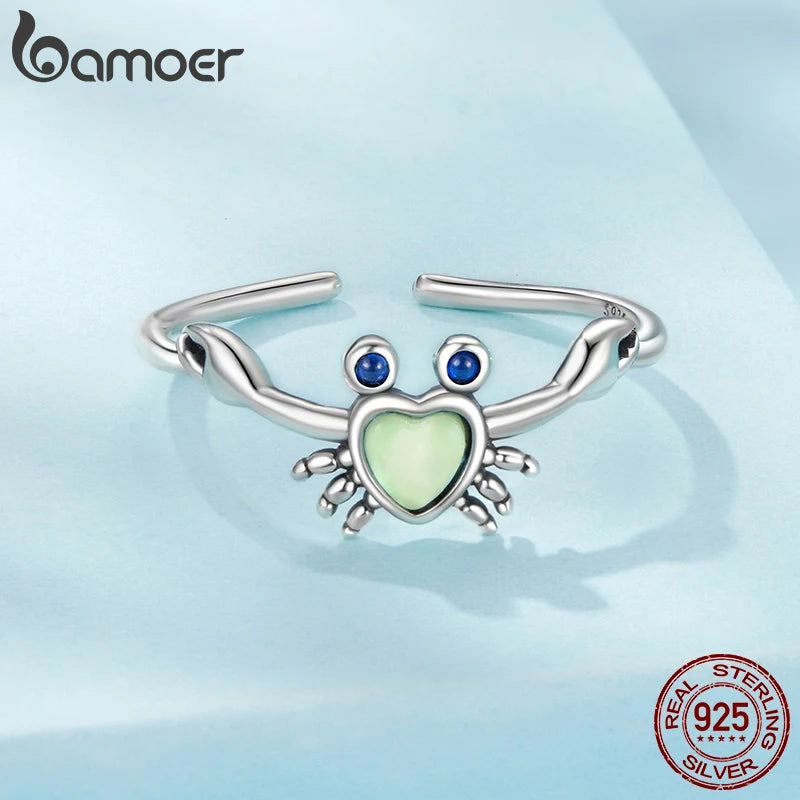 BAMOER 2025 Ring aus massivem 925er Sterlingsilber mit niedlichem Krabbenmotiv, verstellbar, offenes Schmuckstück für Damen, SCR1122-E