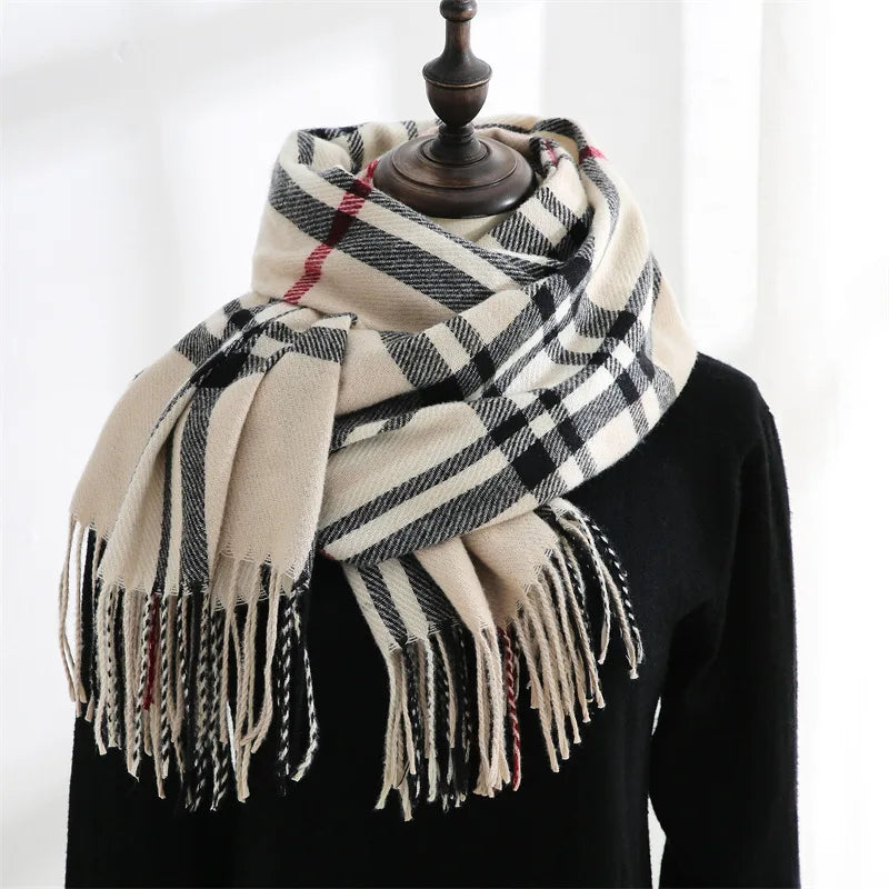Autumn & Winter Imitation Cashmere Headscarf, New Korean - Japanese Sweet Style, Medium - Long Plaid, Warm Shawl & Scarf