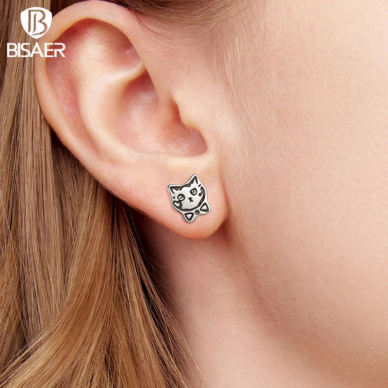 BISAER Real 925 Sterling Silver Cute Bowtie Cat Sud Earrings Lovely Pet Animals Stud Ear for Women & Girls Party Fine Jewelry