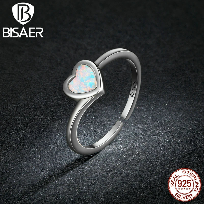 BISAER Bague ouverte en argent sterling 925 avec opale en forme de cœur - Taille réglable : 5 à 9 - Plaqué or blanc - Pour femme - Bijou de fête