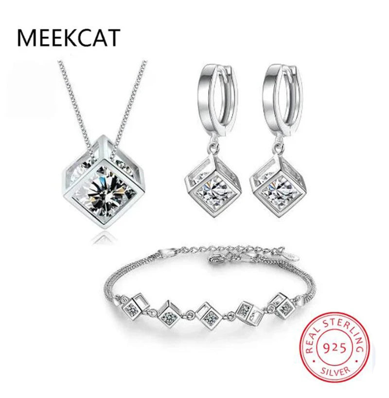 MEEKCAT 5 Style 925 Sterling Silver Jewelry Sets Zircon Square Cube Necklace+Earrings+Bracelet For Women Gift