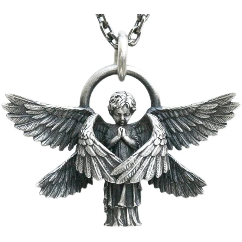 Classic Silver Plated Praying Angel Wings Pendant Necklace Men Women Fashion Protection Amulet Jewelry Birthday Gift