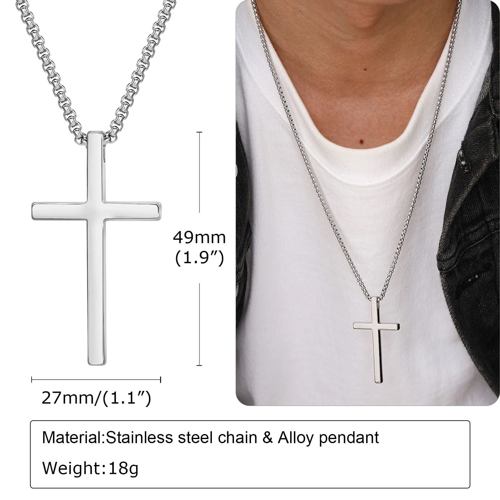 Vnox Cross Necklace for Men Women, Silver Color Plain Cross Pendant Collar with Stainless Steel Box Chain - Madeinsea©