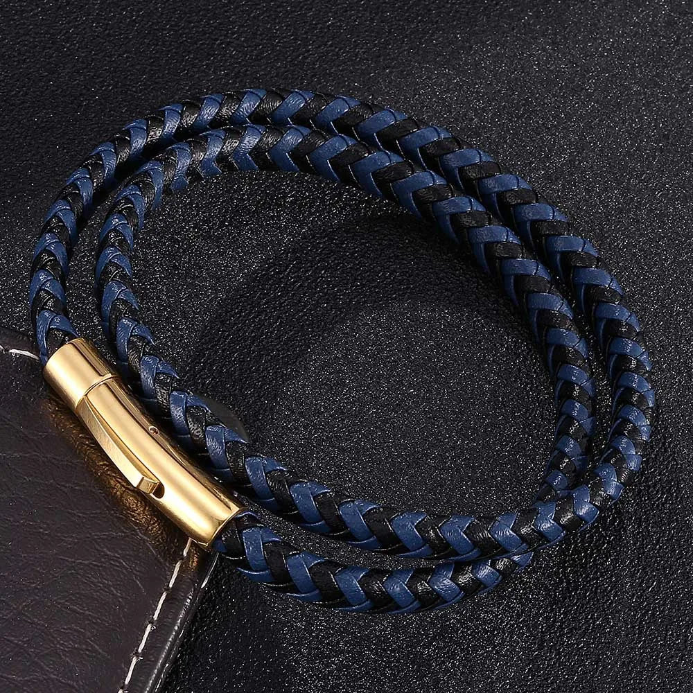 MKENDN Classic Black Stainless Steel Black Blue Braided Leather Bracelet Men Women Handmade Woven Double-Layer Jewelry Gift