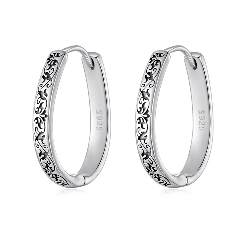 WOSTU 925 Sterling Silver Big Circel Vintage Hoop Earrings, Women Scroll Flower Engraved Hoops Earring Hypoallergenic Gift