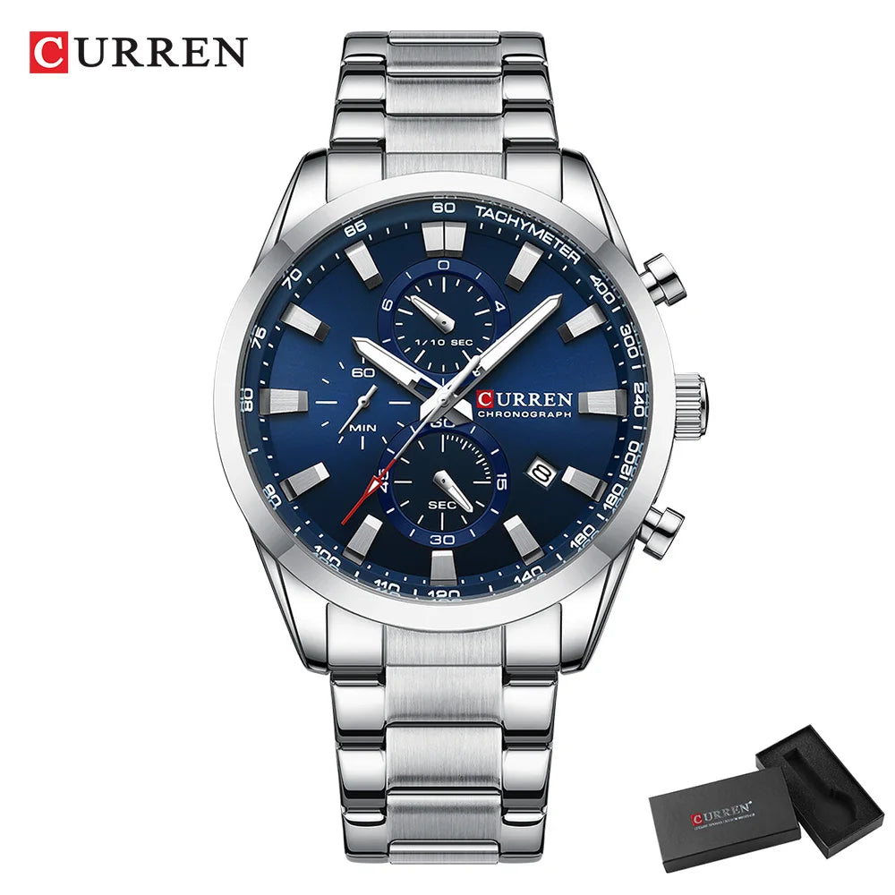 CURREN Casual Sporty Brand Stainless Steel Band Wristwatches for Men New Chronograph Quartz Watches with Date 8445