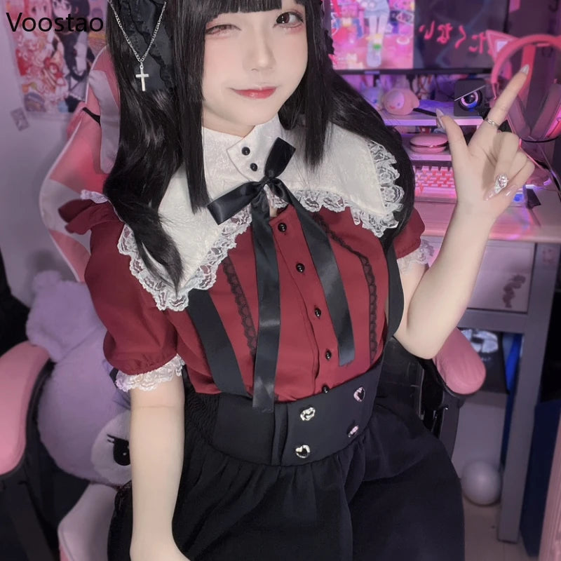 Gothic Y2k Lolita Shirt Japanese Harajuku Girls Sweet Lace Ruffles Bow Puff Sleeve Blouses Women Punk Clothes Tops Blusas Mujer