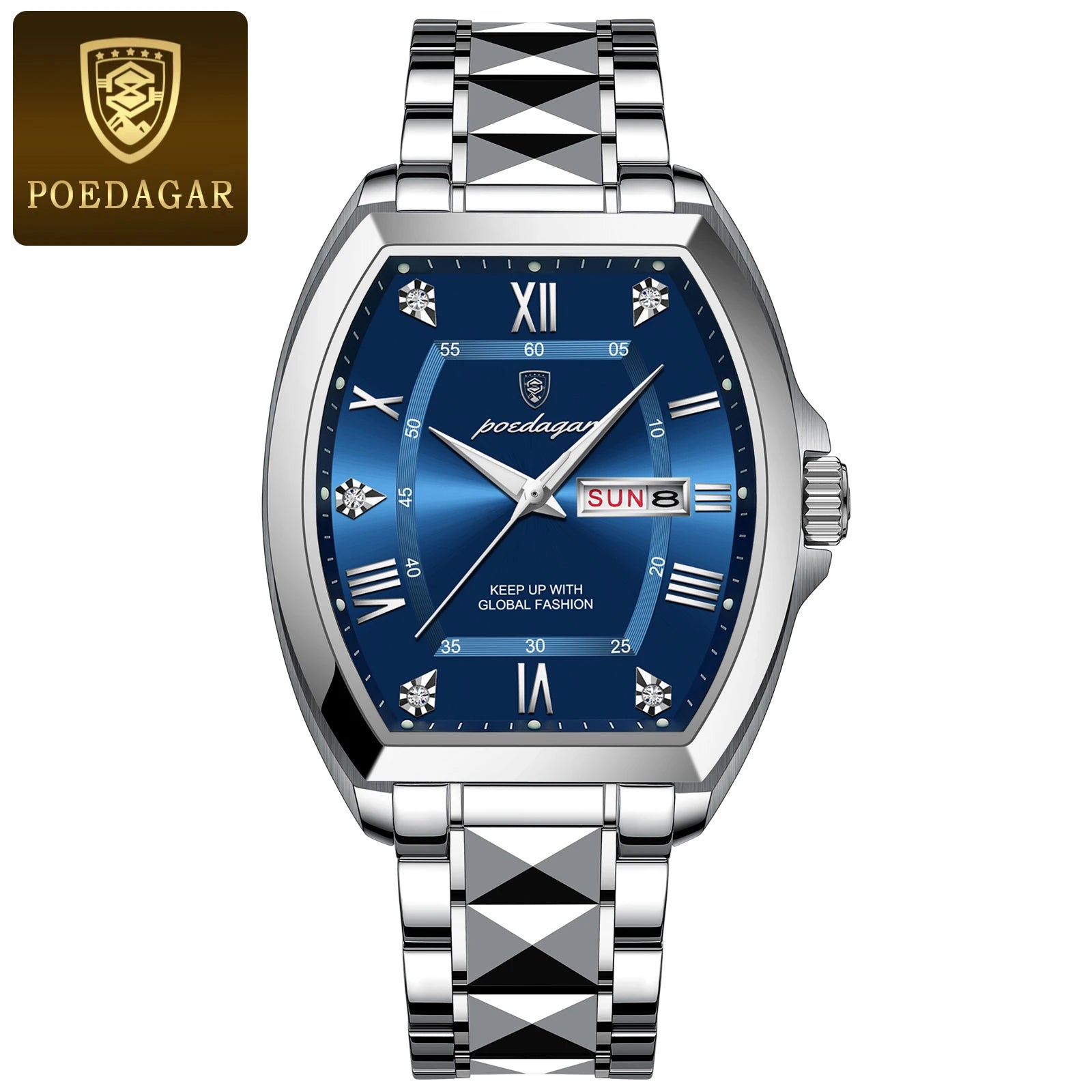 POEDAGAR Luxury Stainless Steel Watches for Man Luminous Waterproof Date Week Men Watch Tonneau Case Men's Quartz Watches Reloj