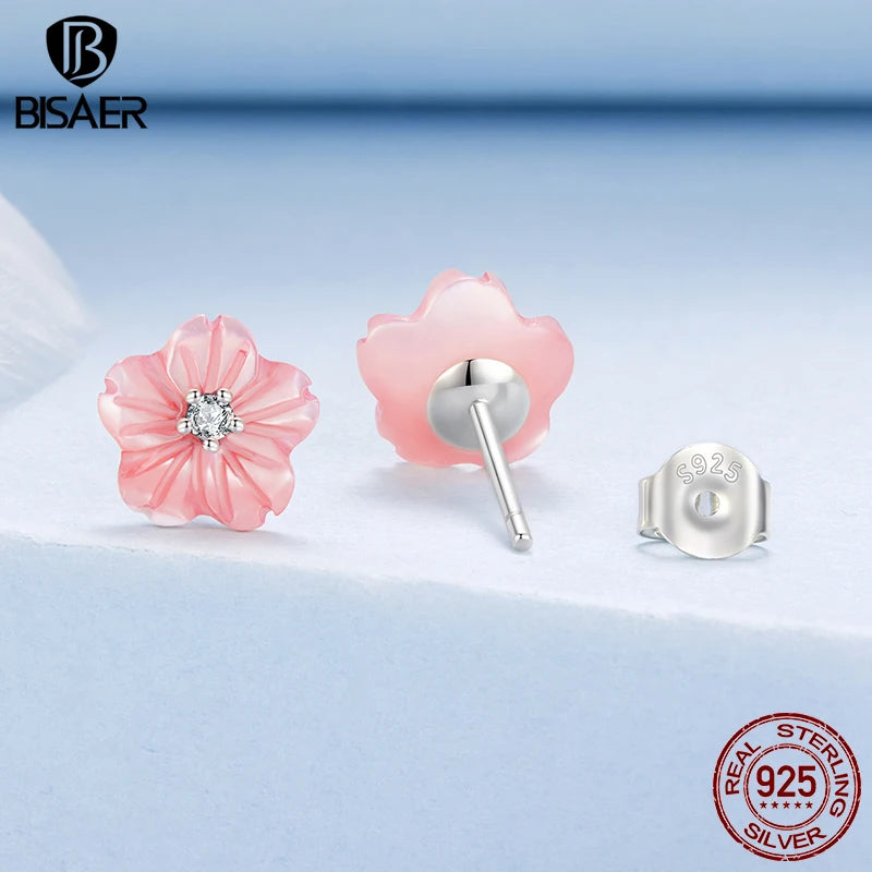 BISAER 925 Sterling Silver Sakura Pink Shell Stud Earrings Flower Hypoallergenic Stud Ear for Women Party Fine Jewelry EFE1190