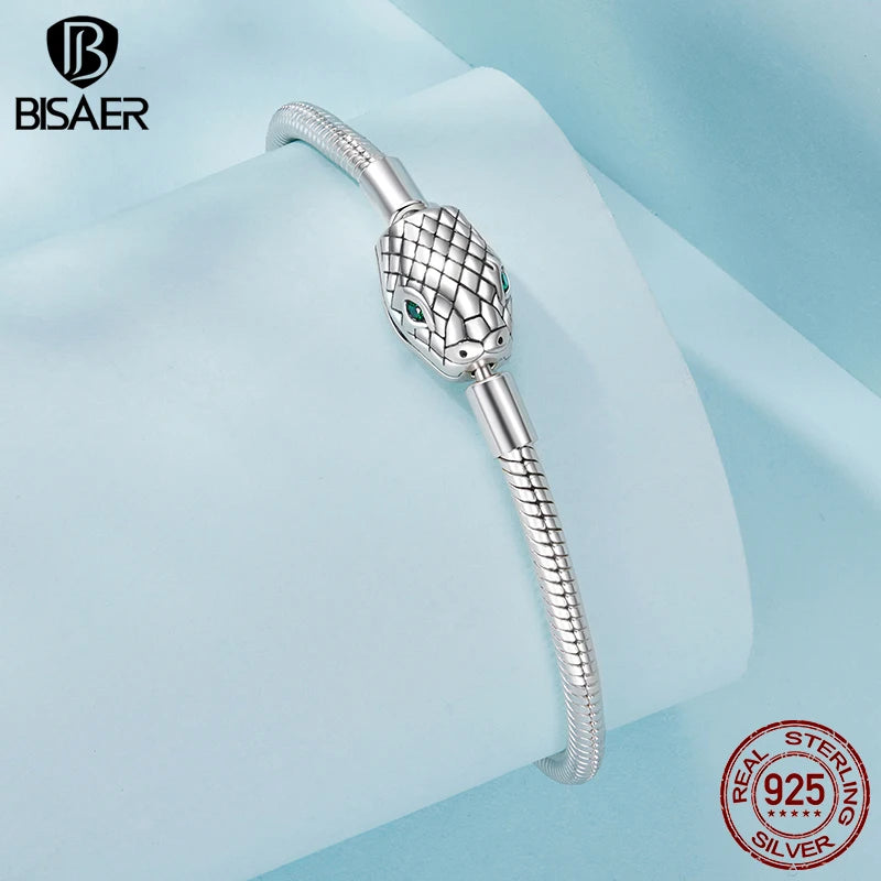 BISAER 925 Sterling Silver Snake Green Zircon Bracelet Snake Bone Basic Bracelet for Women Charms Beads DIY Fine Jewelry Gift
