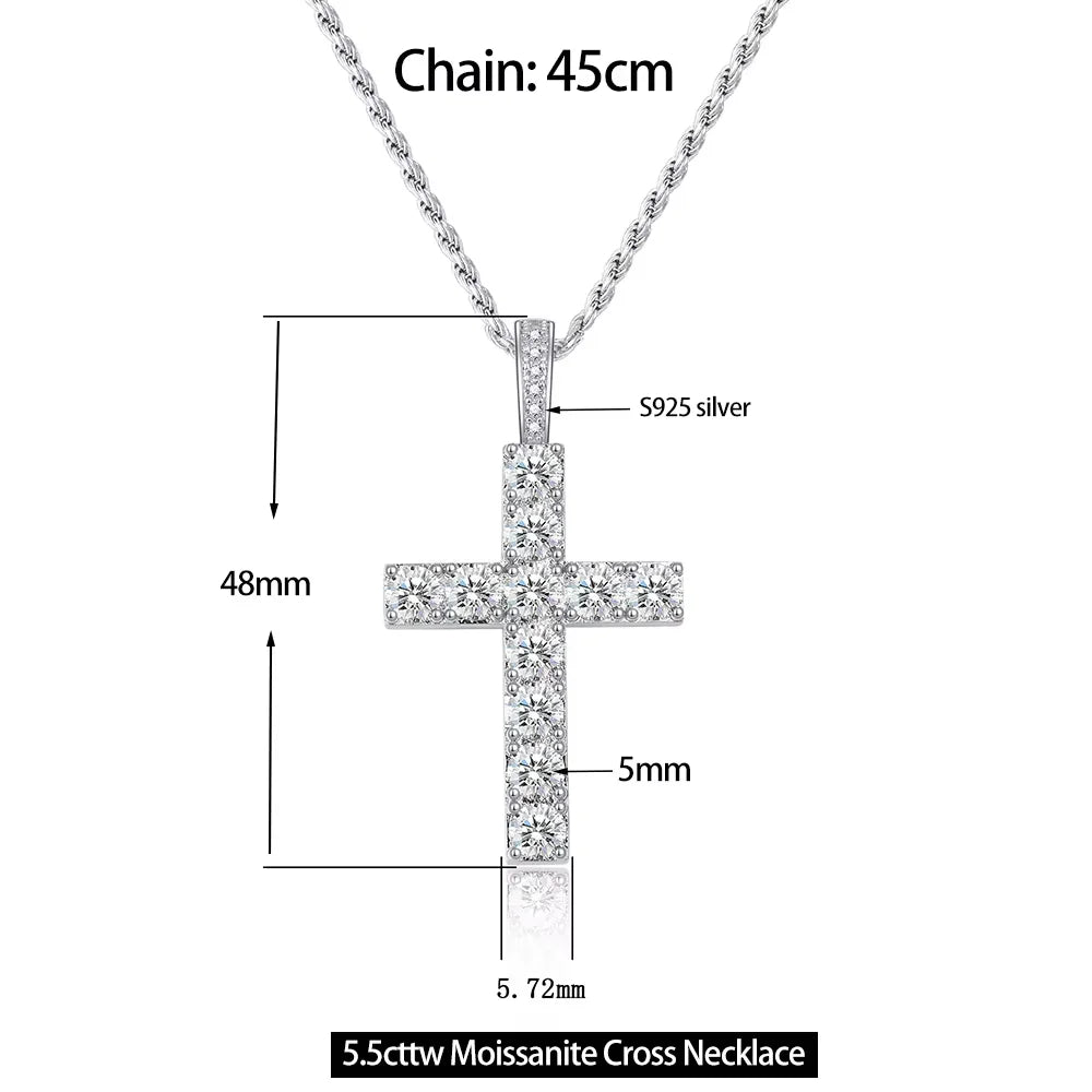 Serenity 5.5ct D Moissanite Cross Necklace for Women Men Gift 100% S925 Sterling Silver 1.6mm Rope Chain Jesus Pendant Necklace - Madeinsea©