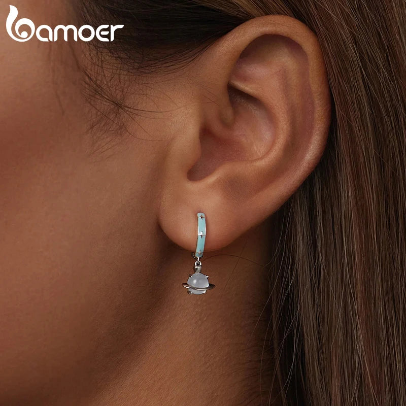 BAMOER 925 Sterling Silver Blue Planet Hoops Earrings, Lightweight White Gold Plated Hoop Earrings for Women SCE1803