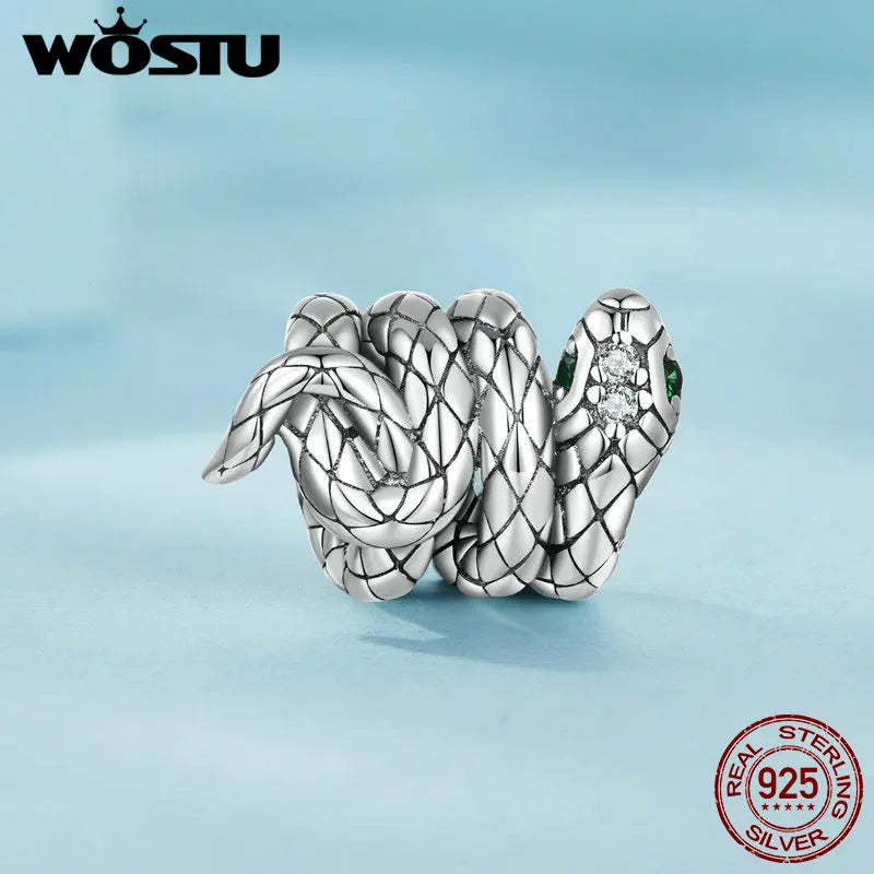 WOSTU 925 Sterling Silver Vinatge Dragon Charm Snake Bead Demon Eye Pendant Fit Original Bracelet Necklace For Women DIY Jewelry