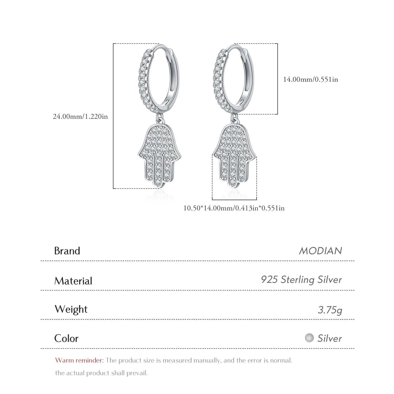 MODIAN 925 Sterling Silver Sparkling CZ Ear Buckle Classic Palm Swings Hoop Earrings For Women Daily Vacation Fine Jewelry