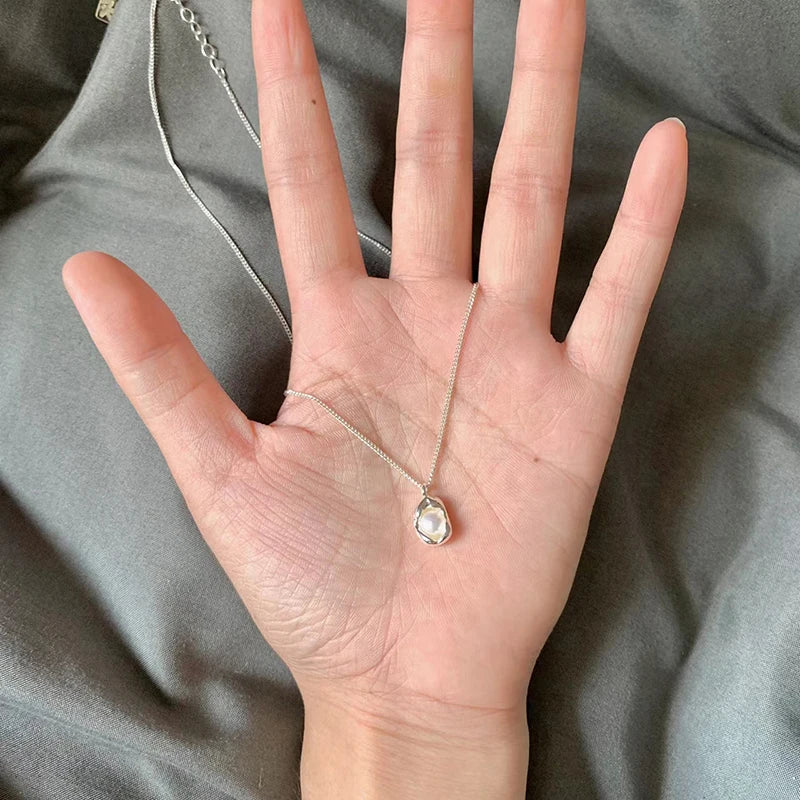 Popular 925 Sterling Silver Pearl Geometric Shape Necklace Simple Charm Ladies Pendant Choker Birthday Party Gift Fine Jewelry