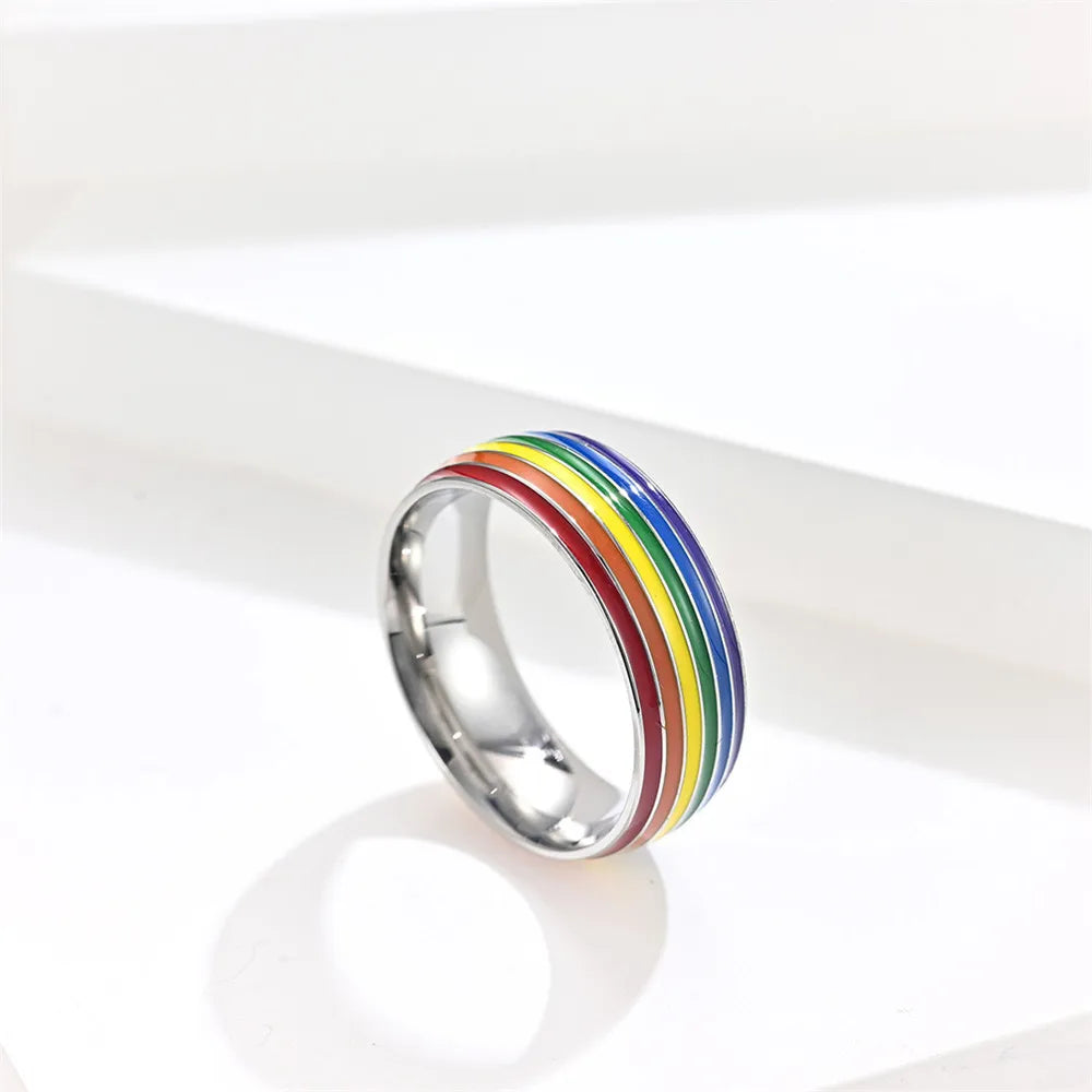 MKENDN Multicolor Men Women Rainbow Colorful LGBT Pulsera Ring Stainless Steel Wedding Band Lebian & Gay Rings Pride Gifts