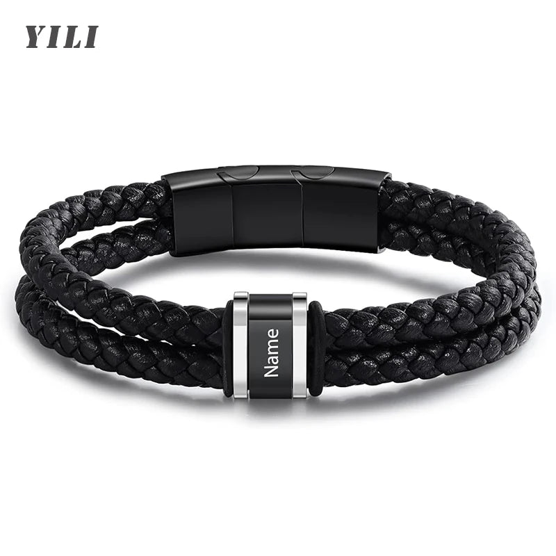 Personalized Bracelets for Men Custom Men's Name Bracelets Braid Leather Bracelet with 1-5 Names Engraved Personalized Gift for